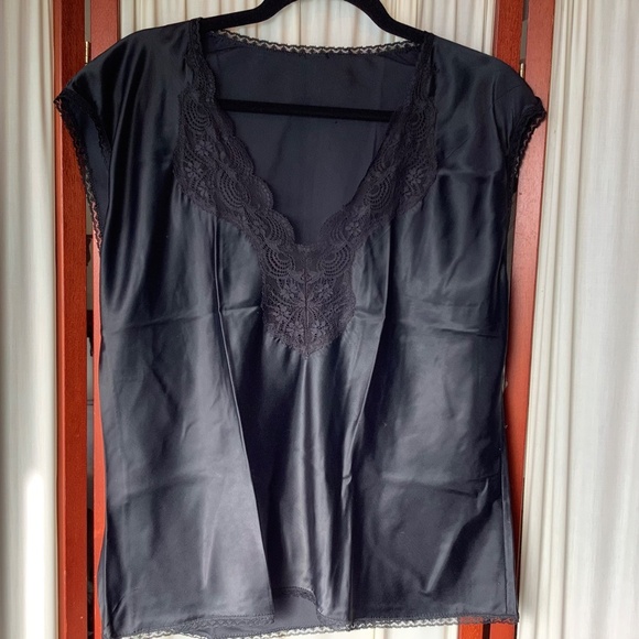 Vintage Black Camisole Lace Trim Satin Remarque Wide Straps Size Large - Picture 5 of 7